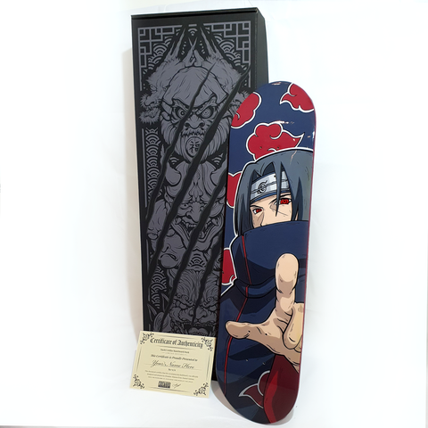 ITACHI UCHIHA HAND-PAINTED SKATEBOARD DECK.