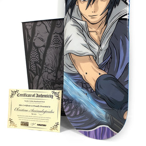 SASUKE UCHIHA HAND-PAINTED SKATEBOARD DECK (commissioned).